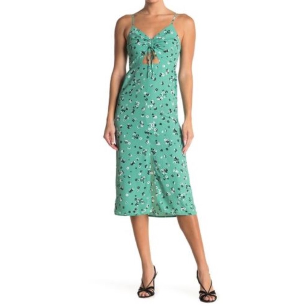 Women’s 2 TOPSHOP Molly Front Cutout Ruched Midi Dress Green Floral NWT
